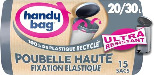 Handy Bag - Sacs poubelle haute à fixation élastique 20L/30L x 15 sacs - Maintient le sac en place - Ultra Résistant -Film triple épaisseur - Étanchéité...
