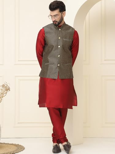 Image of SOJANYA (Since 1958 Men's Silk Blend Kurta Pyjama With Self Design Nehru Jacket