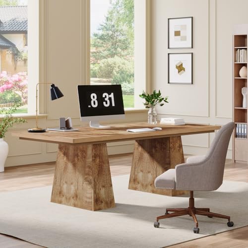 Image of Tribesigns 63-Inch Executive Desk, Large Office Computer Desk with Double Pedestal, Modern Simple Workstations Writing Table Conference Table Business Furniture for Home Office, Natural