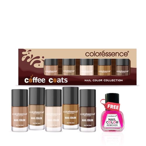 Image of Coloressence Coffee Coats Nude Nail Paint Kit, Set of 5 with FREE Nail Polish Remover | Glossy Finish | Quick Dry | Chip Resistant