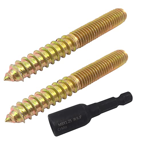 10Pcs Hanger Bolts Double Headed Bolts Kit, Gold, Flat Head, Steel, M8x1.25mm, 65mm, with Driver
