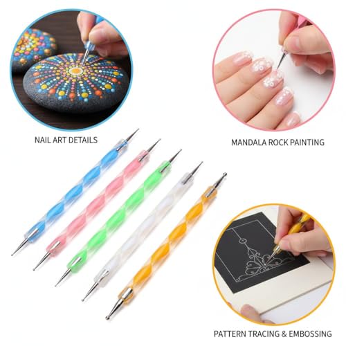 Image of Hueart 5 Pcs Nail Art Dotting Marbleizing Tool Mandala Dotting Tools Nail Art Dotting Embossing Tools Pattern Tracing Dotting Tools for Nails, Dot Painting Tools Stylus Dotting Tools