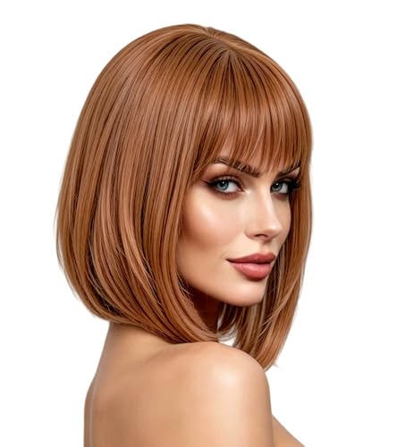 Rugelyss Short Strawberry Blonde Bob Wigs for Women Shoulder Length Straight Highlight Synthetic Hair Wigs with Bangs