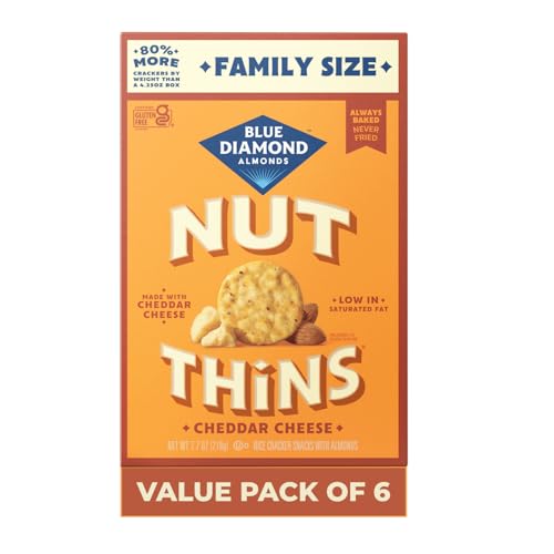 Image of Blue Diamond Almonds Nut-Thins Gluten Free Cracker Crisps, Cheddar Cheese, Family Size, 7.7 oz (Pack of 6)