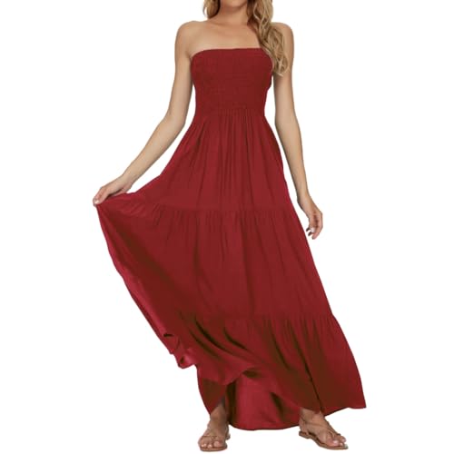 Image of Women's Summer Strapless Tube Top Maxi Dresses Off Shoulder Boho Beach Long Dress