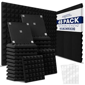 | 48 Pack | High Density Acoustic Foam Wall Panels | Pyramid Shape | Double Sided Adhesive Tape | Sound Absorbing Acoustic Panels | Sound Proof Foam Panels For Walls | 12x12x2inch