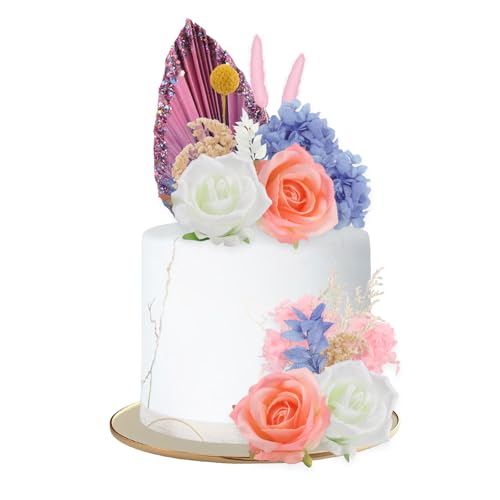 Xmart 5 piezas Decoracion Tartas Cumpleaños Adorno para Tarta Bohemio Decoración de Pasteles Ramo de Abanico de Espadañas Flor de Seda para Bodas Fiestas Aniversario Baby Showers