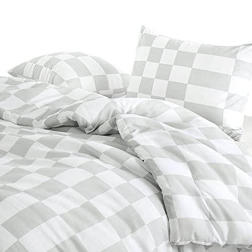 Wake In Cloud - Checkered Comforter Set, Plaid Buffalo Check Checkerboard Geometric Grid Gingham Pattern Printed In Gray Grey White, Soft Microfiber Bedding (3Pcs, King Size) #TOP1