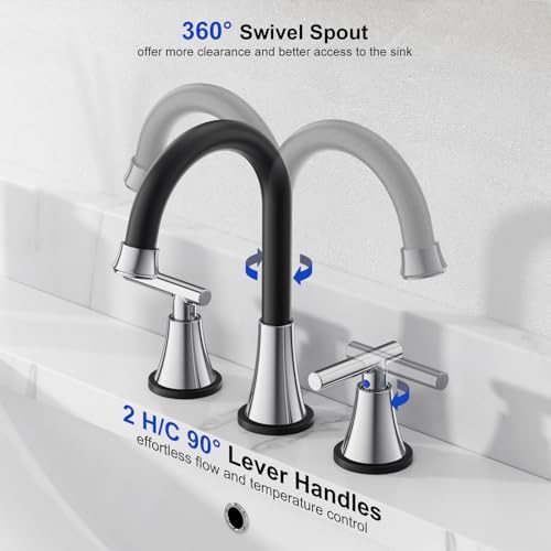 Image of Bathroom Faucet 3 Hole, Black& Chrome Faucets with Drain and Supply Lines | Hurran Stainless Steel Lead-Free Widespread Bathroom Sink Faucet for Vanity RV Restroom Laundry Outdoor Utility Sink