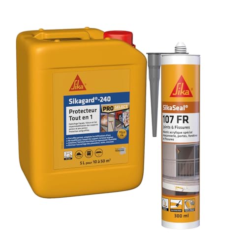 Sikagard Protection Tout en 1, Protection hydrofuge façade, toiture et sol pour matériaux poreux et peu poreux, 5L & 107 Joint et Fissures Gris, Mastic acrylique professionnel multi support, 300ml