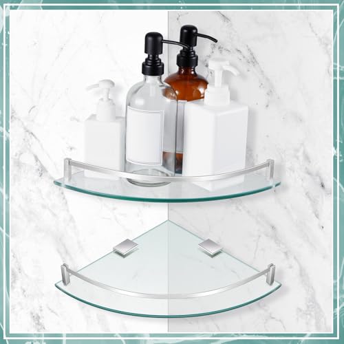Gejoy Glass 2 Pack Corner Shower Shelf, Bathroom Corner Shelves Wall Mounted with Tempered Glass and Rustproof Brackets, Floating Shower Organizer for Shampoo, Soap and Bath Accessories, 9.25 Inch - Thumbnail 7