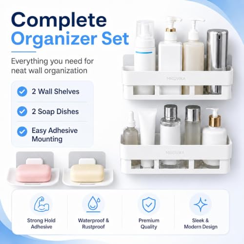 Image of Bathroom Shelf Without Drill | Adhesive Bathroom Organizer Wall Shelf | 2 Shelves + 2 Soap Dish (NEW)