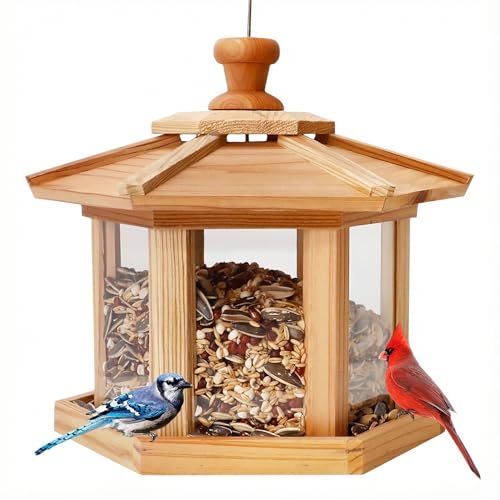 Solution4Patio Bird Feeder for Outdoors - USA Cedar Hexagon Gazebo Bird Feeders with Vented Mesh Tray, Easy-Clean & Fill Design 9.6' Dia. X 8.7' H 3.2-lb Capacity
