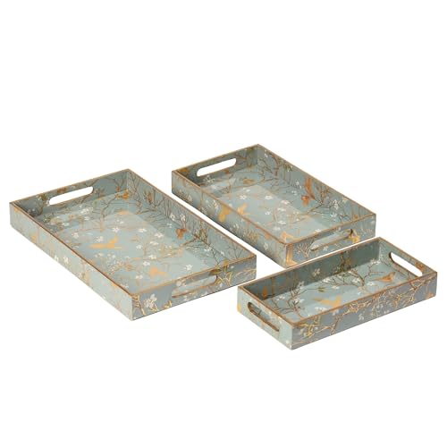 Image of Set of 3 Waterproof Lacquer Coated Wooden Trays - Humming Bird & Blossom Vintage Floral Design, Multipurpose MDF Serving Tray with Handles (16x10, 14x8, 12x6 Inches)(Setof3- SilverGoldBirds)