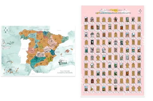 ENJOYERS - Láminas para Rascar. Pack Láminas Rascables La Esencia de España y 100 Pueblos Españoles con Encanto. Mapa Poster para Pared. Laminas 45x65 cm Sin Marco