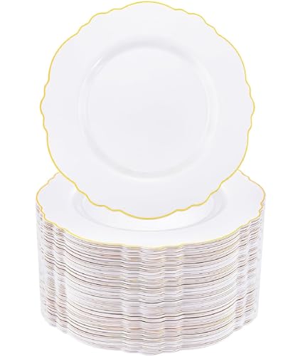 WDF 60pcs Gold Plastic Dinner Plates -10.25inch Baroque White and Gold Plates Fancy Plastic Plates for Upscale Bridal Shower & Wedding & Birthday