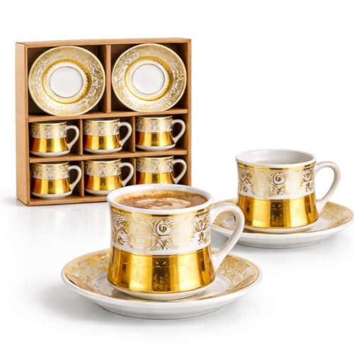 Générique Service à Café Espresso 6 Tasses et Sous-Tasses – Set en Céramique Dorée 100 ml – Coffret Cadeau Élégant pour Expresso ou Café Turc
