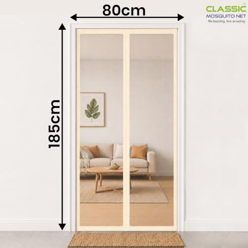 Image of Classic Mosquito Net for Doors with Magnet - Heavy-Duty Fiberglass Mesh | Strong Auto-Close Magnets | Full Frame Hook-&-Loop | DIY Installation for Wooden /UPVC /Marble Doors (185x80 cm, Ivory)
