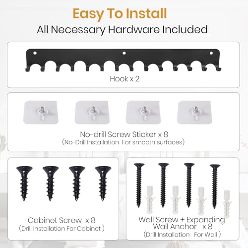 2 Packs 14 Key Hook Holder Wall Mount, No Drill Practical Key Rack, Kitchen Utensil Holder, Coat Hooks Wall Mount Coat Rack Hooks for Living Room, Kitchen, Office, Bathroom, Black
