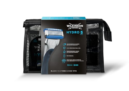 Wilkinson Sword Hydro 5 Skin Protection Regular Kit de Viaje, 1 Máquinilla de Afeitar Recargable de 5 Hojas para Hombres y 5 Recambios de Cuchillas de Afeitar, Neceser de Baño