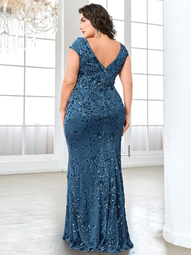 Image of Plus Size Womens Sequined Long Evening Gown Glamous Sleeveless V-Neck Mermaid Prom Dress for Wedding Party