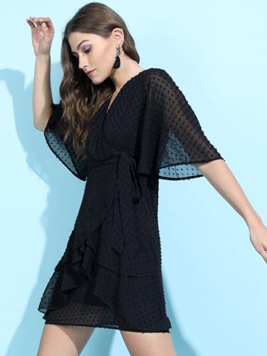 Image of Tokyo Talkies Women's Long Sleeves V-Neck Self Design Dresses | Stylish Dresses | Casual Dresses