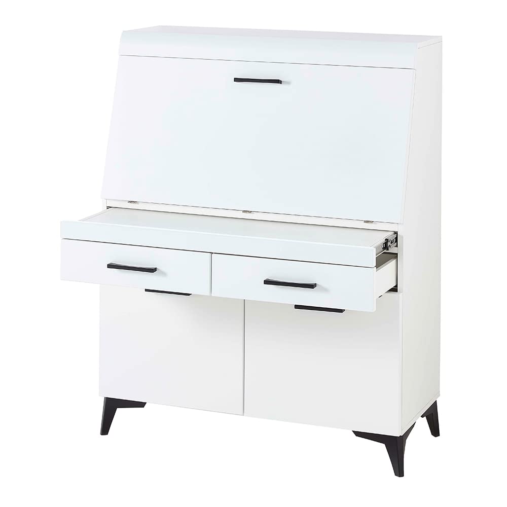Lomadox Sekretär in weiß, Klapptür mit Türdämpfung, Drehtüren mit Softclose-Funktion, Griffe in schwarz, B/H/T ca. 98/124/42 cm
