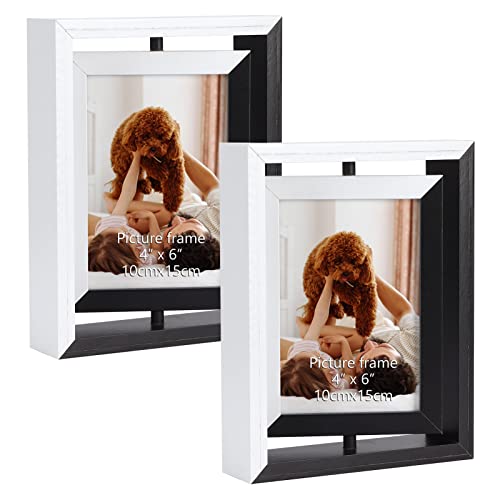Exyglo 2 Pack 4X6 Picture Frames, Color Contrast Rotating Photo Frame Wooden 2 Sided Frames For Vertical Or Horizontal Tabletop Display, White+Black #TOP6