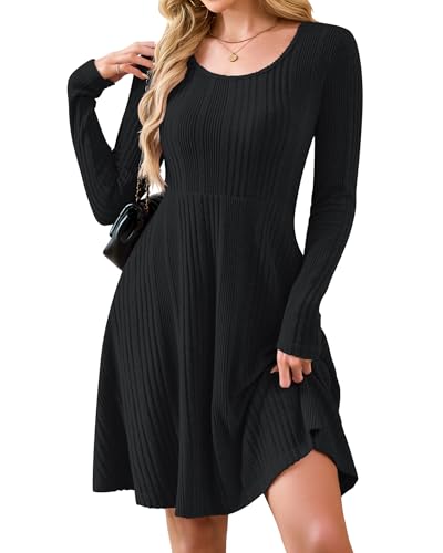 AUSELILY Langarm Strickkleid Damen Rundhalsausschnitt Pullover Kleid Gestrickt Herbstkleid Damen mit Taschen Schwarz L