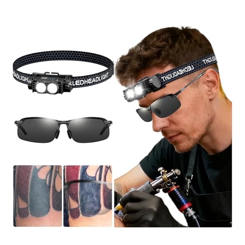 JZsmpmu Tattoo Work Light Kit -Polarized LED Tattoo Light Head-Mounted with Tattoo Vision Glasses-Pack&Touch Up The Tattoo Colour Details for Tattoo Artists & Beginners (Anti-Reflective Glasses Set)