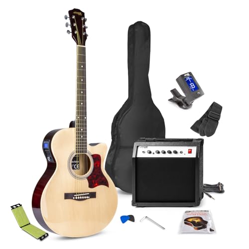 Max ShowKit Electro Acoustic Guitar Starter Pack with 40W Amplifier & String Cleaner, Tuner, Picks, Bag, Strap & Spares – Complete Beginner Acoustic Guitar Kit with Cleaning Tool, Natural Finish
