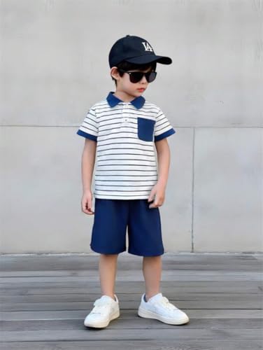 Image of Toddler Kid Boy Clothes Textured Striped Polo Collar Top Summer Shorts 2PC Summer Outfit Set