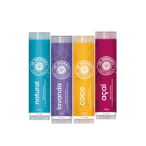 DR. AKERMAN’S Naturals, Bálsamo Labial Natural Humectante, Protección Contra Resequedad, Ingredientes Ecológicos, Uso Diario (Mixto 4-Pack)