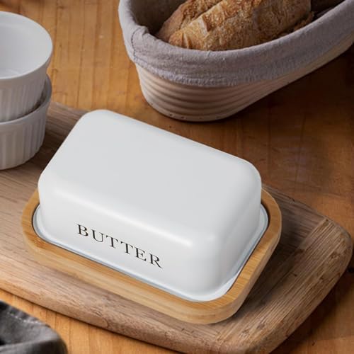 Miniatura 6 de Madera Nieve Mantequillera De Acero Inoxidable Con Tapa De Bambú Elegante Y Sostenible Para 250 G De Mantequilla Blanco, 250g