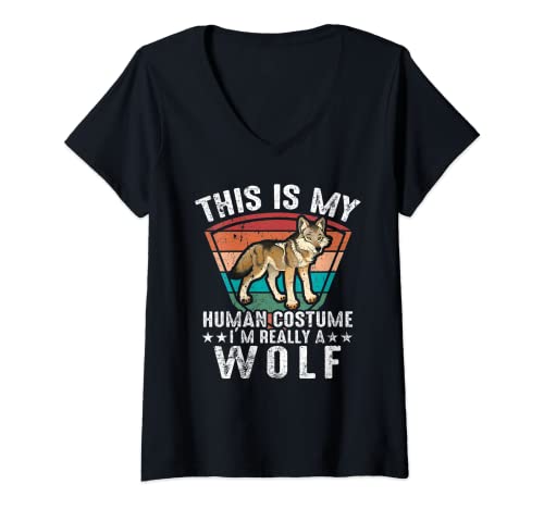 Mujer Este es mi disfraz humano soy realmente un lobo regalos de Halloween Camiseta Cuello V