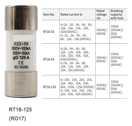 Fusibili a cartuccia con tubo in ceramica, AC 500 V RO17 Fusibile in ceramica RT18-125 22X58 gG Ritaglio 10A-125A(16A)