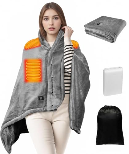 Cordless Heated Blanket - Wearable Heated Blanket Battery Operated with 10000mAH Power Bank, 3 Heat Settings USB Electric Throw Shawls for Home, Office, Outdoor Travel (Grey)