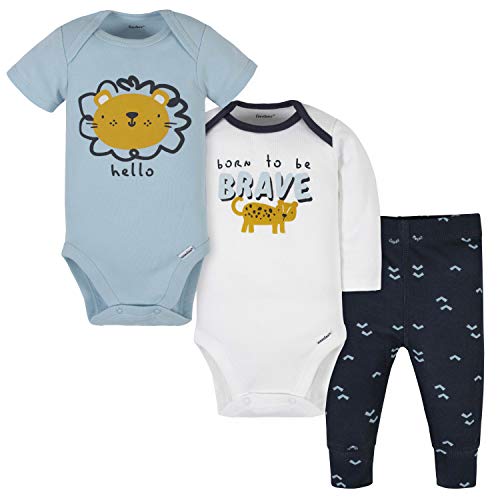 Gerber Baby Boys' 3-Piece Onesies Bodysuits and Pant Set, Blue Lion Print, 6-9 Months