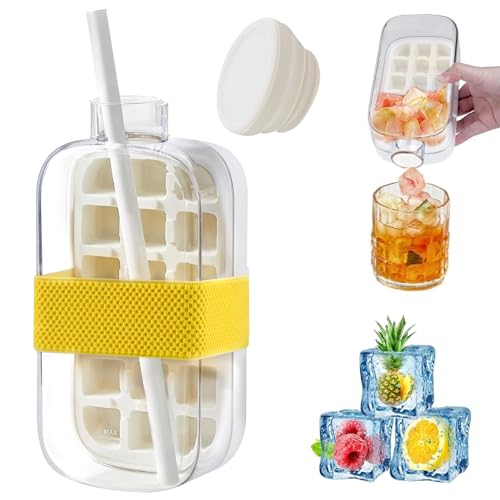 Vibbang Botella de cubitos de hielo, 2 en 1, bandeja para cubitos de hielo, taza de cubitos de hielo con popote reutilizable, molde de silicona para cubitos de hielo para oficina al aire libre, hacer