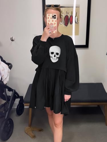 Image of Dokuritu Sweatshirt Dress Women Crew Neck Long Sleeve Patchwork Pullover Tops Flowy Oversized Sweatshirt Mini Dress