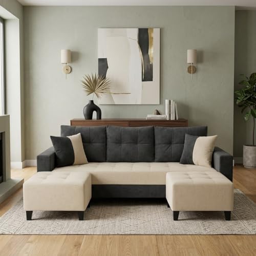 Image of SLEEPIFY Harlon Velvet-Suede Fabric 3 Seater Sofa Set with 2 Ottoman (Dark Gray - Cream) | Comfortable & Spacious Seating | Modern Sofa Set for Living Room | Soft Touch Upholstery