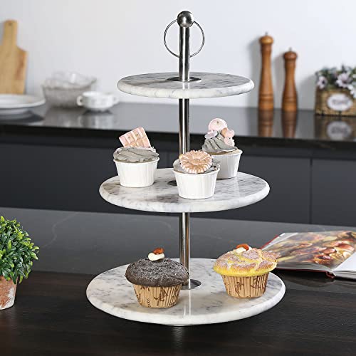 Mygift Modern 3 Tier Dessert Tower, Round White Marble Cupcake Stand With Silver Tone Metal Pillar, Food Display Riser #TOP1