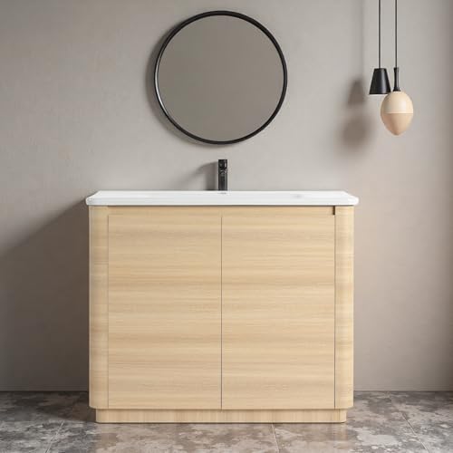 Image of 40 inch Bathroom Vanity with Ceramic Sink, Freestanding Bathroom Vanity with 2-Soft-Close Door, Soft-Closing Hinges & Hidden Handles for Home, Farmhouse, Easy to Clean Design, White Oak