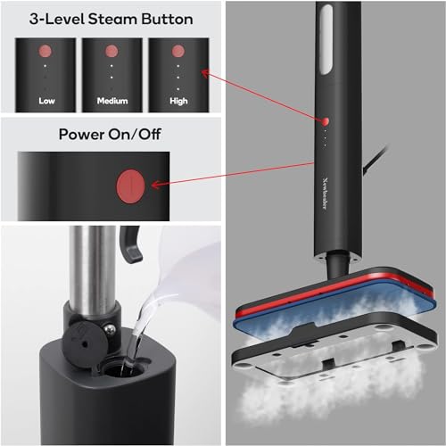 Newbealer Steam Mop, Hardwood Floor Steamer, 500ml 1200W Powerful Cleaner for Carpet Laminate and Tiles, 3 Adjustable Steam, 15s Fast Heat-up, Carpet Glider & 2 Washable Microfiber Pads, Black