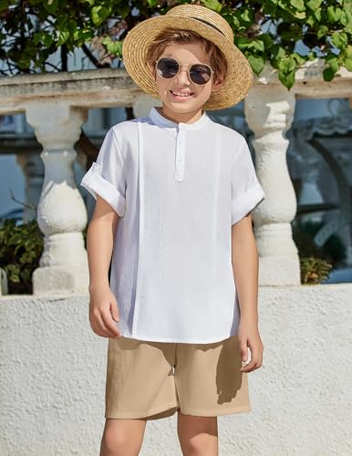 Image of Arshiner Boy's 2 Pieces Linen Sets Short Sleeve Henley Shirt and Shorts Summer Beach Matching Outfits 4-12 Years