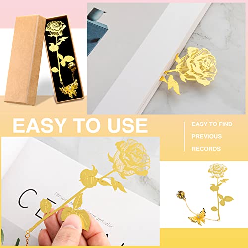 4 Pack Metal Golden Rose Bookmarks Flower Bookmark Cute Bookmarks With 3D Butterfly Pendant Chain And Box Teacher Mom Appreciation Birthday Gifts For Reader Book Lover #TOP3