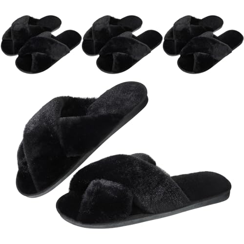Chuarry 4 Pairs Women's Fuzzy Fluffy Slippers Cross Band Slippers Cozy Bridesmaid Shoes Open Toe Indoor and Outdoor