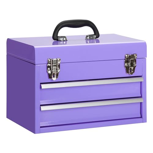 14 Inch Steel Portable Tool Box with drawers - Tool Storage Box Organizer with Metal Latch Closur - Powder Coated Toolbox Chest for Tools Storage Cabinet (PURPLE)