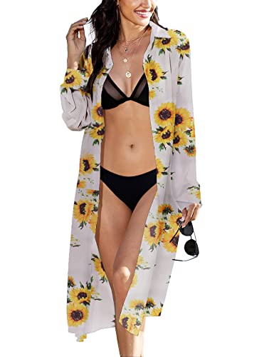Zeagoo Womens Printed Beachwear Loose Long Sleeve Swimsuit Cover Ups Button Down Beach Shirt Sun Protection Cover Up Blouse 3X-Large #TOP11