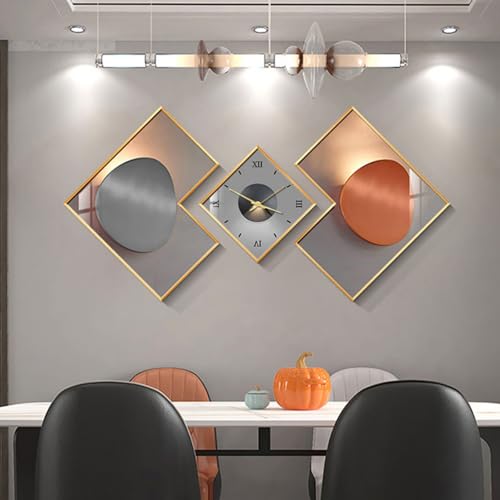 HHomary 3-Piece Geometric Wall Clock Set with Silent Movement – Modern Decorative Clocks and Canvas Paintings for Living Room, Office, or Kitchen (Multi-color)